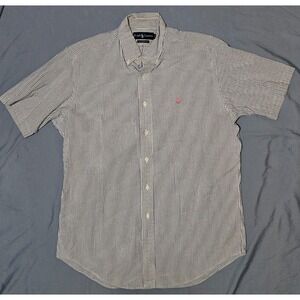Polo Ralph Lauren Button Up Shirt Men's Med Blue White Seer Sucker Pony Beach
